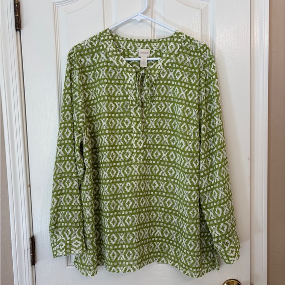 Chico's Tops - Chico's Green Leaf Patterned Blouse LS Tie-front Women’s 3 or Size 16/28